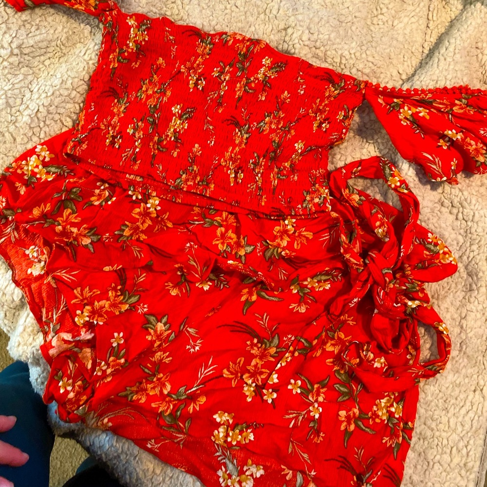 AE 2 Piece Crop Top and Skort Set, Red Floral, Size M